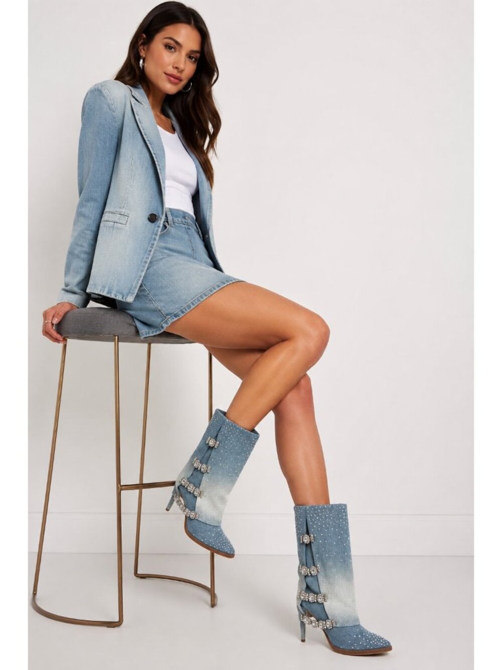 Thalia Sodi Nami Ombre Denim Blue Rhinestone Embellished Boots  Size 8M